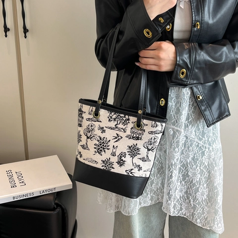 Borsa Tote in Pelle PU con Stampa Paesaggio Stile Cinese Retrò Borsa a Secchiello Grande Capacità Borsa a Spalla Donna Moda Pendolare