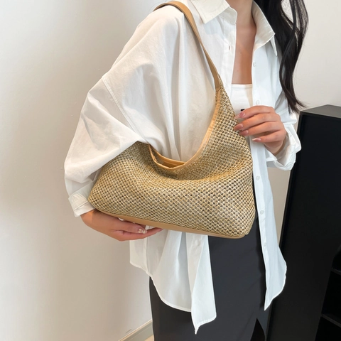 Vintage Grote Capaciteit Strogevlochten Tote Tas Voor Dames Patchwork Schoudertas Vakantie Hobo Handtas Met PU Leren Riem