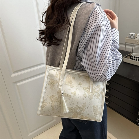 Borsa Tote da Donna Stile Cinese Moderno con Stampa di Farfalle Grande Capacità in Pelle PU Borsa a Tracolla con Nappa
