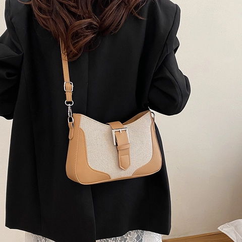Vintage Contrast Color Patchwork Women Shoulder Bag PU Leather Large Capacity Underarm Bag Daily Crossbody Bag Square Handbag