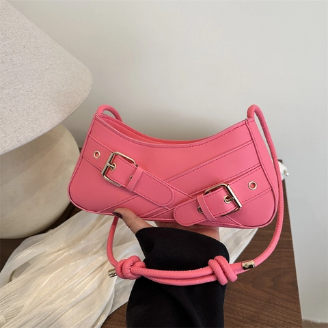 Retro PU Leather Underarm Shoulder Bag For Women Trendy Solid Color Metal Buckle Baguette Bag Street Casual Purse