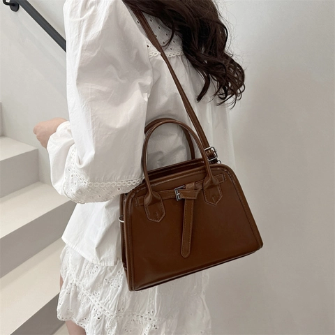 Women Vintage PU Leather Shoulder Bag Large Capacity Solid Color Handbag With Belt Buckle Decor Casual Crossbody Tote Bag