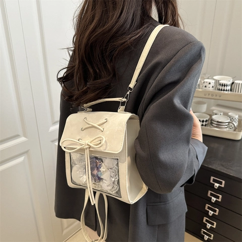 Borsa Ita in Stile Giapponese per Donna Finestra Trasparente Fiocco Lacci Zaino in Pelle PU Scuola Pendolarismo Moda