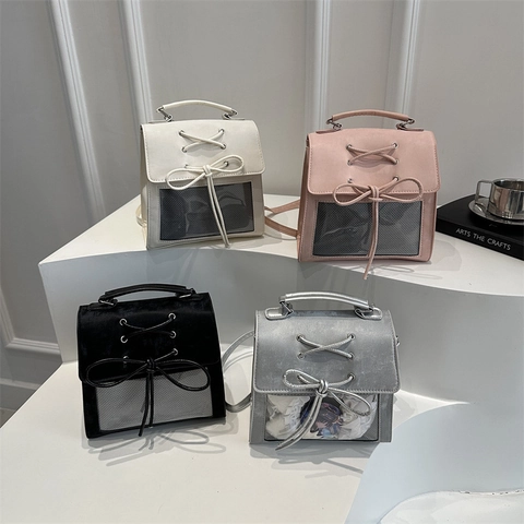 Sac à Dos Ita Bag en Cuir PU pour Femmes Avec Fenêtre Transparente Nœud Papillon Laçage Détail Casual Style Preppy Mode