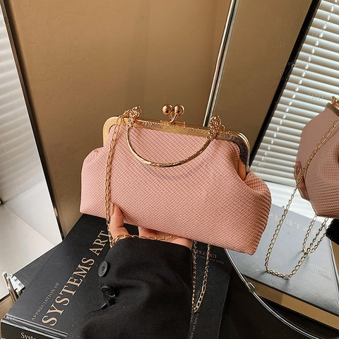 Vintage Muschelform Geflochtene Schultertasche Für Damen Mode PU Leder Kette Umhängetasche Mit Kussverschluss Abendparty Handtasche