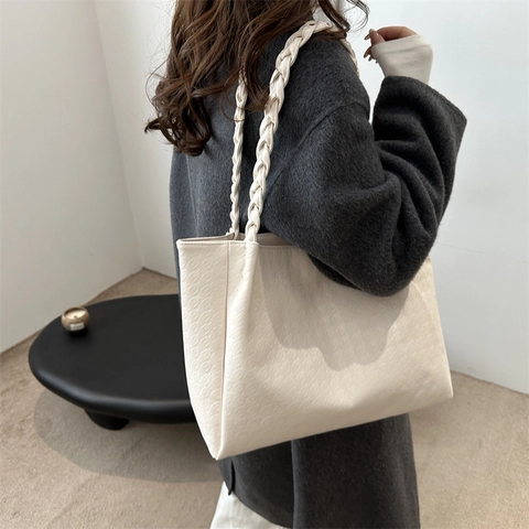 Bolso Tote de Cuero PU con Relieve de Pata de Gallo Asa Trenzada Bolso de Hombro Gran Capacidad Minimalista Moda Mujer