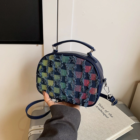 Borsa a Tracolla da Donna Patchwork in Denim e Pelle PU a Scacchiera Con Nappine Sfilacciate Piccola Borsa a Mano di Moda