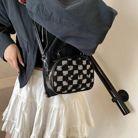 Borsa a Tracolla da Donna Vintage in Denim a Scacchi Pelle PU Sfrangiata Patchwork Borsa a Spalla Con Catena
