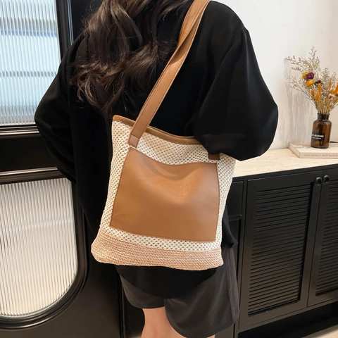 Sac Cabas Tissé en Paille pour Femmes Avec Poche en Cuir PU Grande Capacité Sac à Épaule de Plage Été Couleur Contrastée