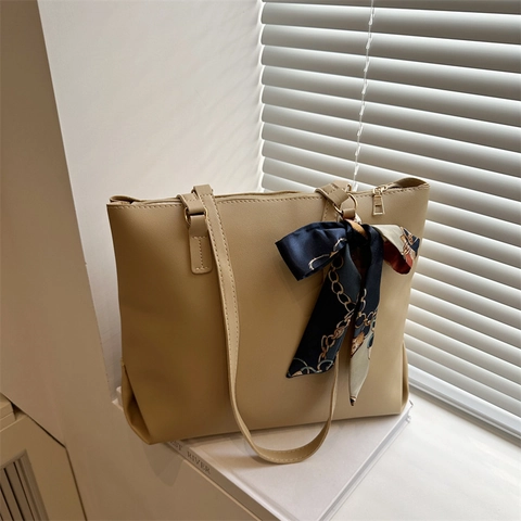 Women Large Capacity Tote Bag Urban Minimalist PU Leather Shoulder Bag With Silk Scarf Decor Solid Color Shopper Handbag