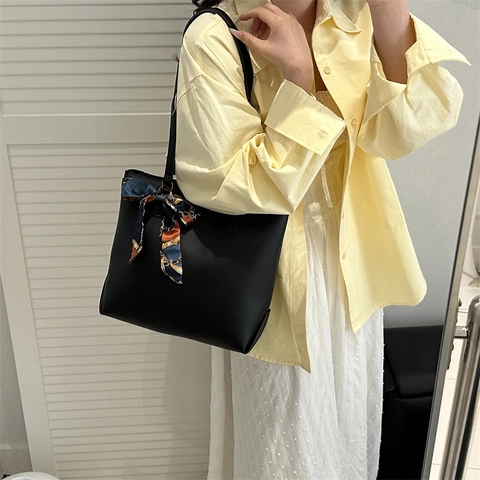 Women Large Capacity Tote Bag Urban Minimalist PU Leather Shoulder Bag With Silk Scarf Decor Solid Color Shopper Handbag