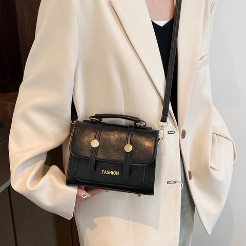 Women Vintage PU Leather Small Square Bag Retro Fashion Lettering Gold Hardware Crossbody Shoulder Bag For Daily Commute