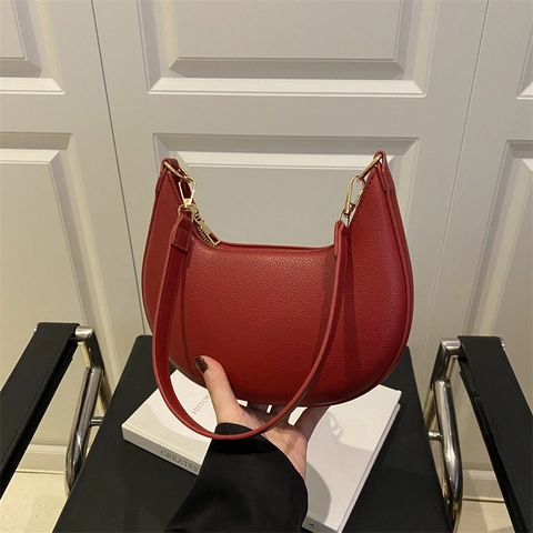 Borsa Sottobraccio in Pelle PU Mezzaluna Semplice Francese Per Donna Borsa Hobo a Tracolla Pendolare a Grande Capacità Con Motivo Litchi