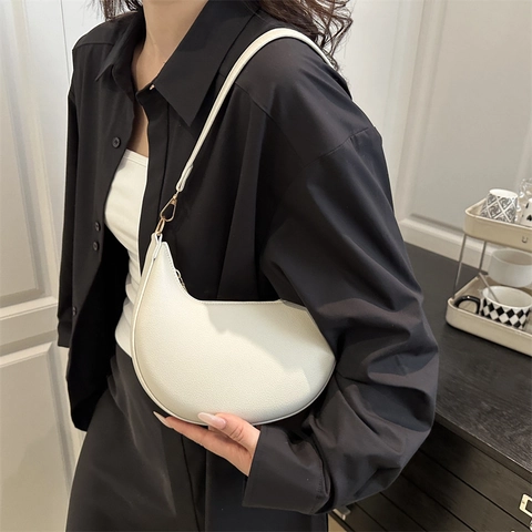 Borsa Sottobraccio in Pelle PU Mezzaluna Semplice Francese Per Donna Borsa Hobo a Tracolla Pendolare a Grande Capacità Con Motivo Litchi
