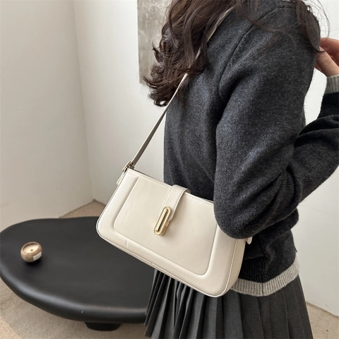 Bolso de Hombro de Cuero PU Vintage para Mujer Gran Capacidad Solapa con Hebilla Minimalista Color Sólido Baguette Bolso de Axila Moda