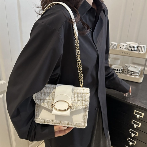 Bolso de Hombro Elegante de Tweed a Cuadros para Mujer con Cadena Cuero PU Patchwork Bolso Bandolera Estilo Francés Bolso Mensajero Cuadrado Pequeño