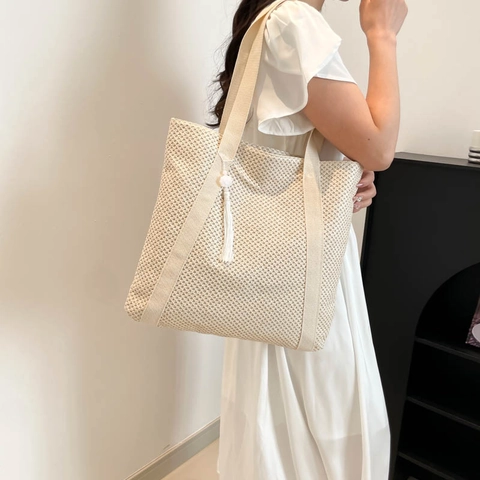 Mode Große Kapazität Stroh Gewebte Tragetasche Für Damen Strand Umhängetasche Mit Quaste Dekor Casual Handtasche Urlaub Tasche