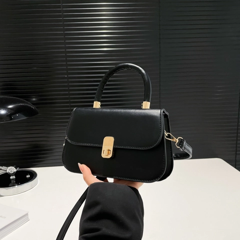 Women French Minimalist PU Leather Small Square Crossbody Bag With Top Handle Gold Lock Adjustable Strap Shoulder Handbag