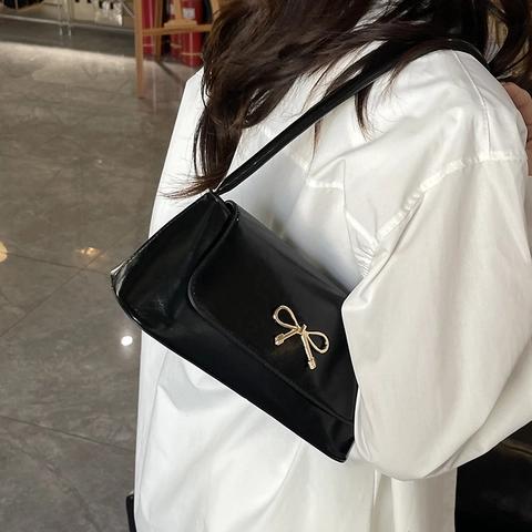 Vintage Bow Knot Women Underarm Shoulder Bag Shiny PU Leather Solid Color Retro Square Baguette Handbag Elegant Commute Tote