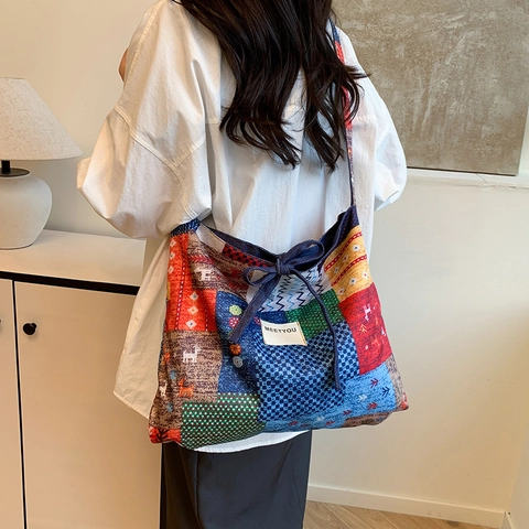 Damen Ethno Patchwork Canvas Einkaufstasche Bohemian Wendbar Denim Umhängetasche Große Kapazität Schleife Dekor Lässig Handtasche