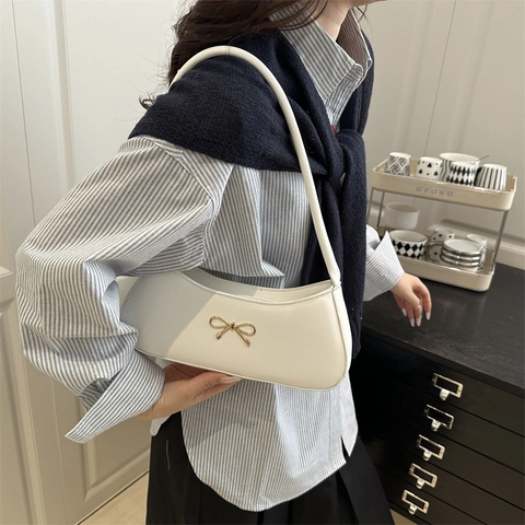 Französischer Stil Schleife Achseltasche Für Damen PU Leder Einfarbig Mode Lässige Umhängetasche Süße Elegante Handtasche