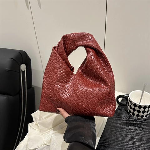 Retro Woven PU Leather Shoulder Bag Large Capacity Solid Color Handheld Tote Bag With Knot Detail Fashion Hobo Bag