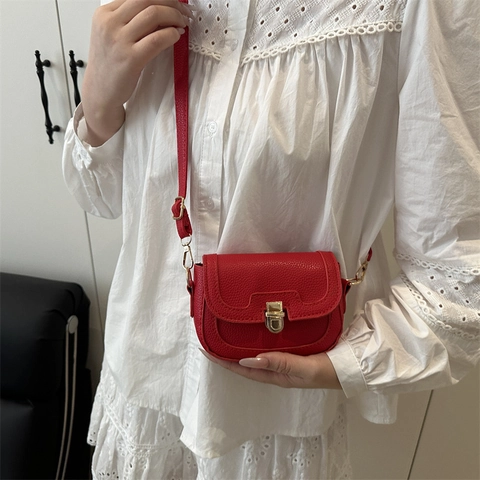 Bolso de Bandolera de Cuero PU Vintage con Textura de Lichi para Mujer Bolso de Hombro Simple de Color Sólido Con Cierre Dorado