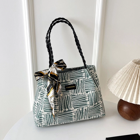 Dames Nylon Tote Bag Grote Capaciteit Met Satijnen Sjaal Gestreepte Geometrische Patronen Woon-werkverkeer Schoudertas