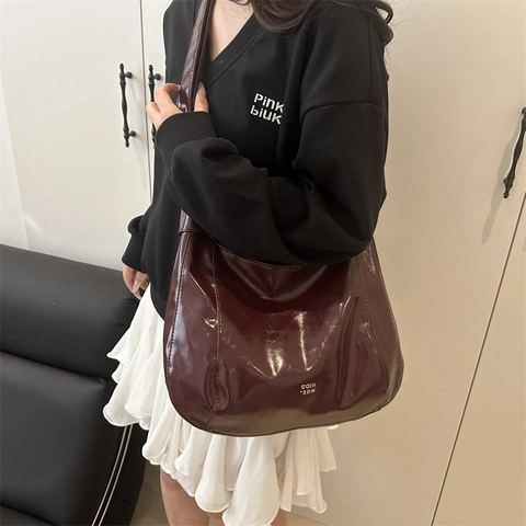 Borsa a Tracolla Donna Grande Capacità in Pelle PU Lucida Minimalista Hobo Tote Bag per Pendolarismo Quotidiano Sottobraccio