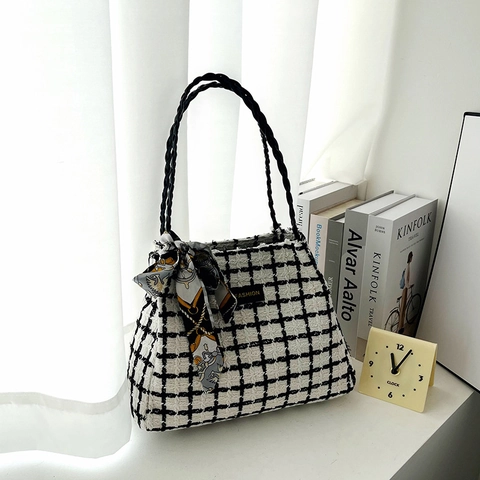 Bolso Tote de Nailon a Cuadros de Gran Capacidad para Mujer Bolso de Hombro de Moda Con Bufanda Decorativa para Diario