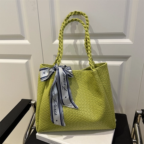 Damen Große Kapazität Gewebte PU Leder Tote Tasche Mode Einfache Schultertasche Mit Schal Dekoration Täglich Pendeln Handtasche