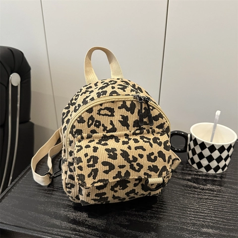 Leopard Print Mini Backpack for Women Vintage Nylon Travel Shoulder Bag Large Capacity Fashion Square Bag With Plush Pendant