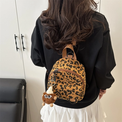 Leopard Print Mini Backpack for Women Vintage Nylon Travel Shoulder Bag Large Capacity Fashion Square Bag With Plush Pendant