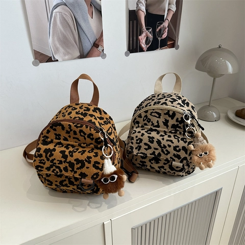 Moda Zaino Mini in Velluto a Coste Leopardato da Donna Trendy Grande Capacità Casual Zainetto Scolastico Con Ciondolo Mostro