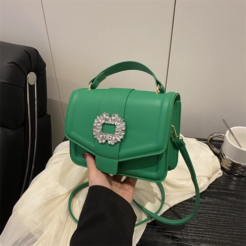 Fashion Women PU Leather Litchi Texture Shoulder Bag With Square Rhinestone Buckle Retro Crossbody Small Square Handbag