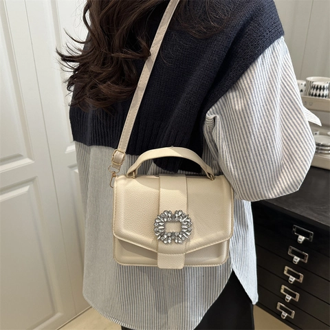 Fashion Women PU Leather Litchi Texture Shoulder Bag With Square Rhinestone Buckle Retro Crossbody Small Square Handbag