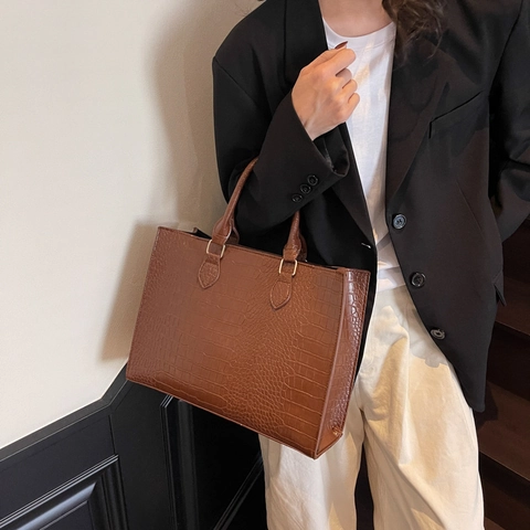 Sac Fourre-tout Femme Grande Capacité Motif Crocodile Cuir PU Sac à Main Décontracté Trajet Style Urbain Minimaliste