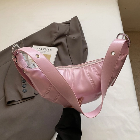 Women Retro PU Leather Croissant Bag Large Capacity Pleated Shoulder Bag Trendy Casual Underarm Crossbody Bag Fashion Solid Color Dumpling Bag