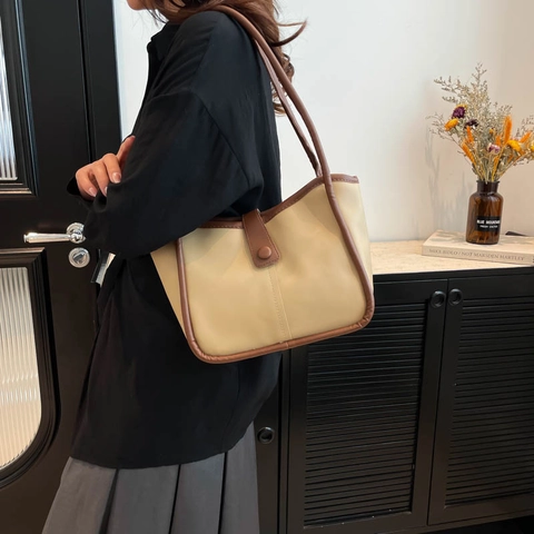 Damen Vintage PU Leder Tote Bag Große Kapazität Pendeln Umhängetasche Koreanischen Stil Einfarbig Einfache Lässige Handtasche