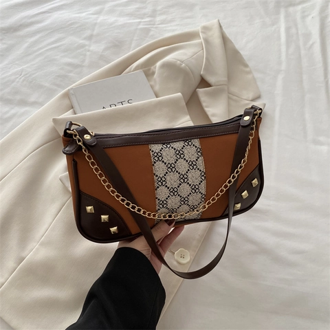 Vintage Damen Unterachseltasche Patchwork PU Leder Schultertasche Mit Metallkette Nieten Geometrischer Druck Casual Mode Handtasche