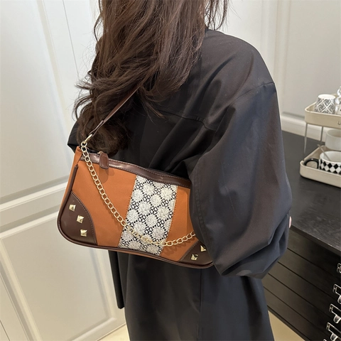 Retro Patchwork PU Leather Underarm Bag For Women Fashion Geometric Floral Shoulder Bag With Metal Chain Rivets Baguette Bag