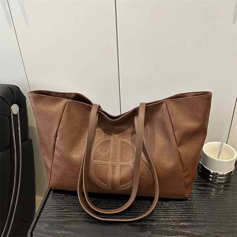 Women Large Capacity Retro PU Leather Tote Bag Minimalist Urban Style Fashion Shoulder Underarm Bag Solid Color Commuting Handbag