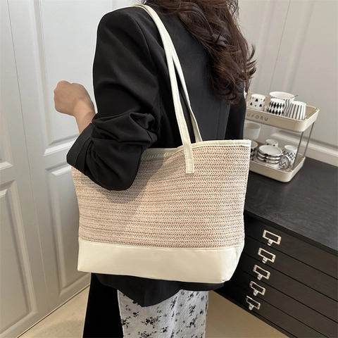 Women Summer Straw Woven Patchwork Tote Bag Large Capacity Braided Shoulder Bag Fashion Beach Handbag Urban Minimalist Style