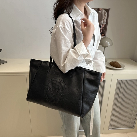 Borsa Tote Retro di Grande Capacità per Donna Borsa a Tracolla Casual Quotidiana in Pelle PU con Logo a Cerchio