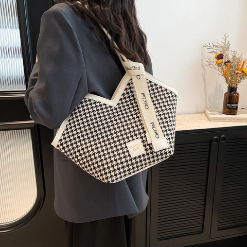 Houndstooth Large Capacity Tote Bag For Women Fashion Casual Chic Shoulder Bag With Letter Ribbon Daily Commuter Handbag