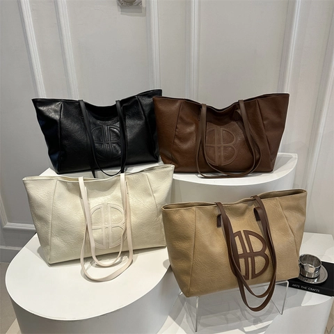 Borsa Tote Retro di Grande Capacità per Donna Borsa a Tracolla Casual Quotidiana in Pelle PU con Logo a Cerchio