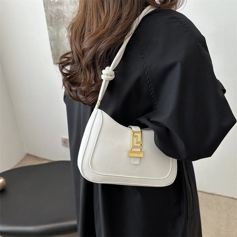 Bolso de Axila de Cuero PU para Mujer Cierre Geométrico Correa de Nudo Color Sólido Urbano Simple Moda Diaria Bolso de Mano