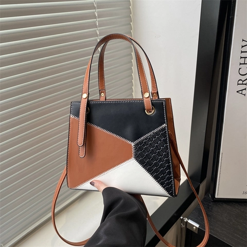 Damen Geometrische Farbblock PU Leder Umhängetasche Große Kapazität Handtasche Messenger Crossbody Mode Kleine Quadratische Tasche