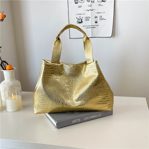 Bolso Tote de Moda con Estampado de Cocodrilo para Mujer Bolso de Hombro Cuero PU Metálico Gran Capacidad Urbano Diario