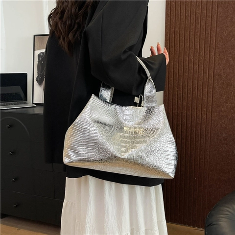 Bolso Tote de Moda con Estampado de Cocodrilo para Mujer Bolso de Hombro Cuero PU Metálico Gran Capacidad Urbano Diario